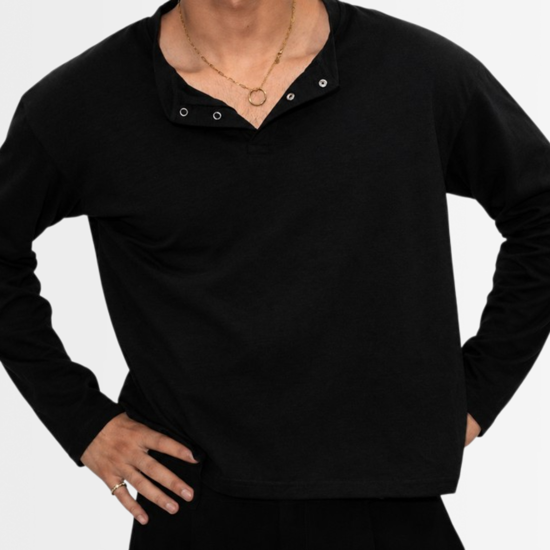 Black cropped slub henley with snap placket, relaxed unisex fit