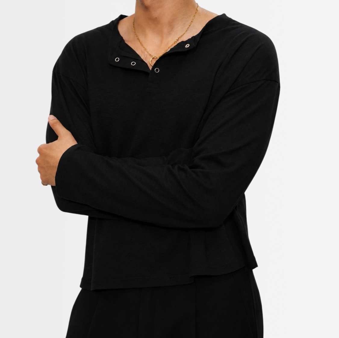 Black cropped slub henley with snap placket, relaxed unisex fit