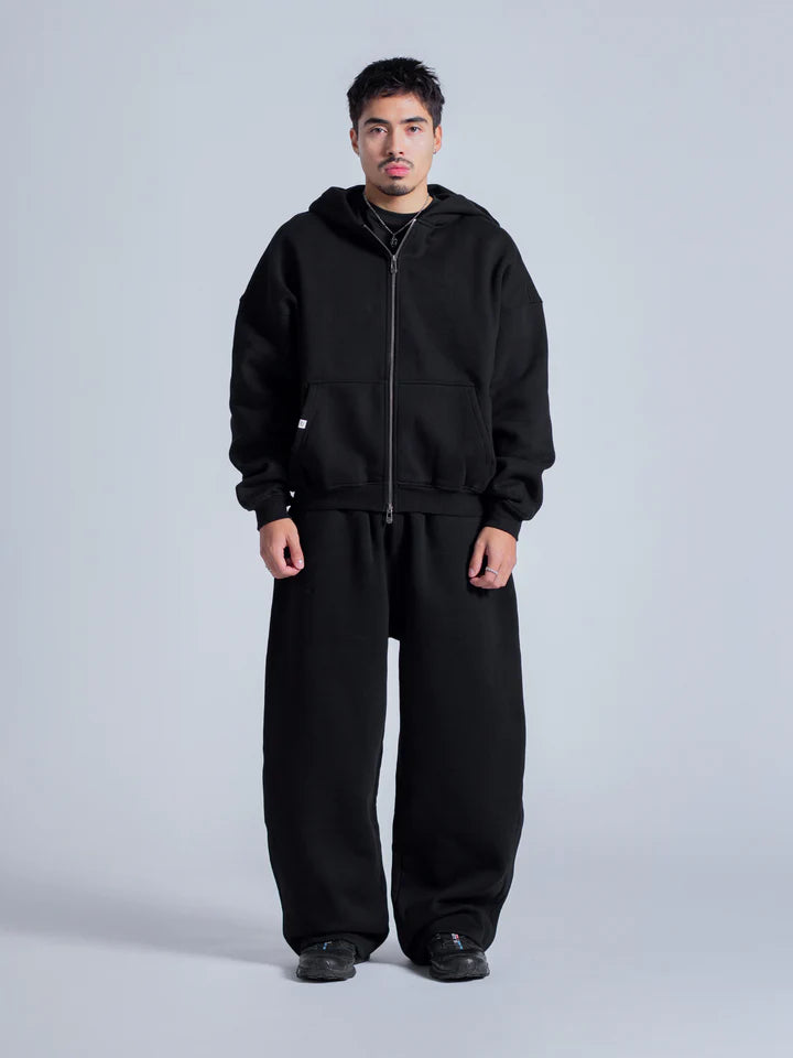 Heavy Double-Knit Zip Hoodie Set – Black