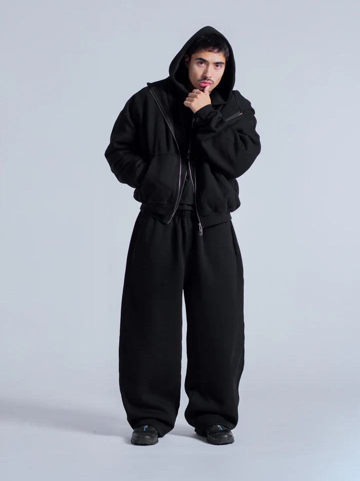 Heavy Double-Knit Zip Hoodie Set – Black