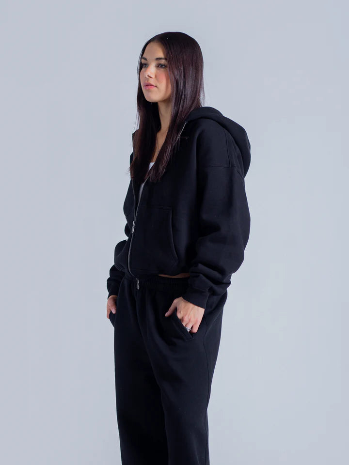 Heavy Double-Knit Zip Hoodie Set – Black