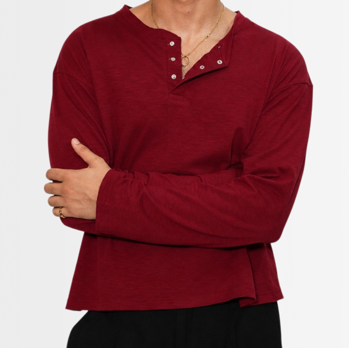 Wine red cropped slub henley with snap placket and dropped shoulder
