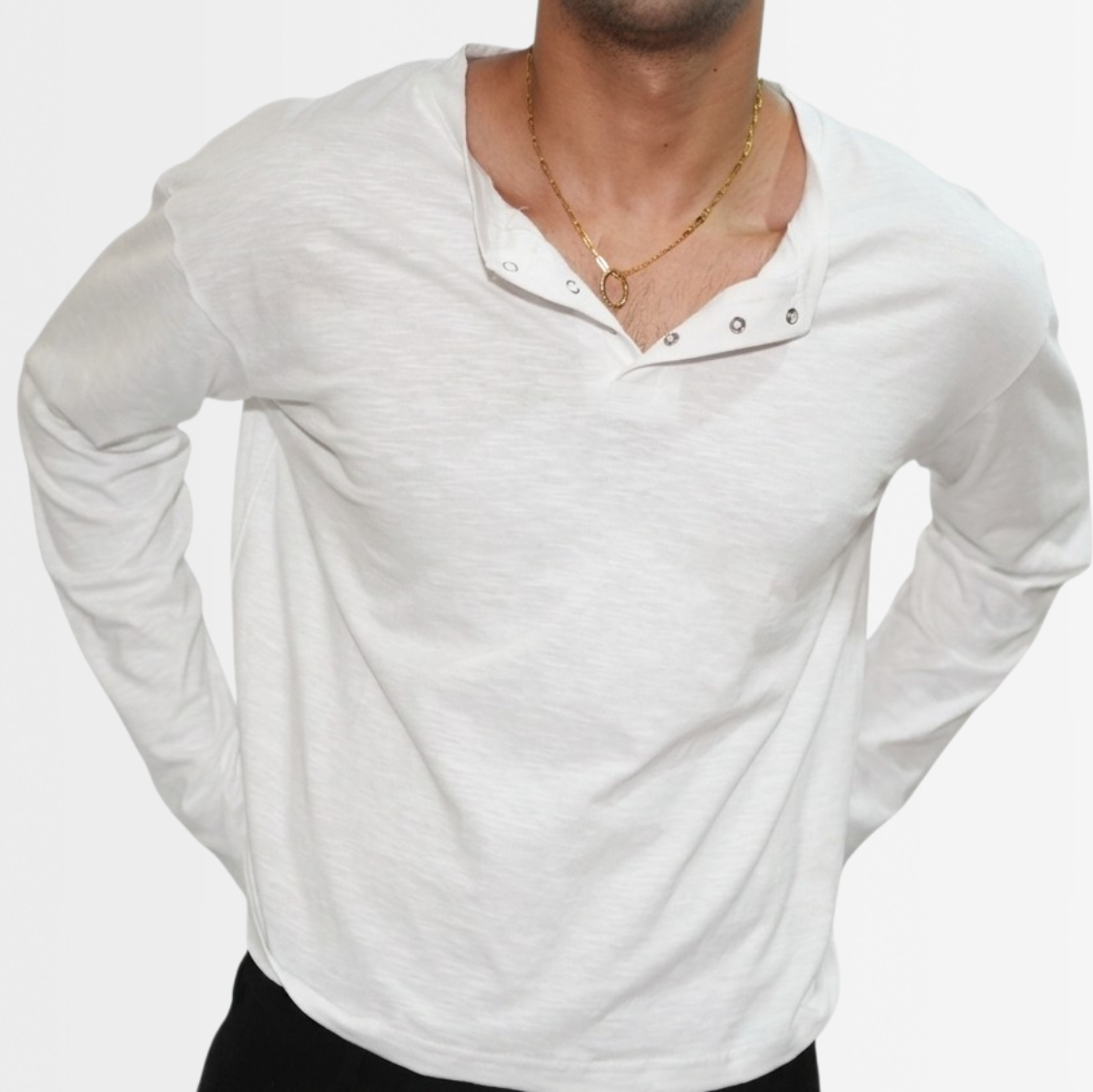 White cropped slub henley with snap placket, 200 GSM cotton slub texture