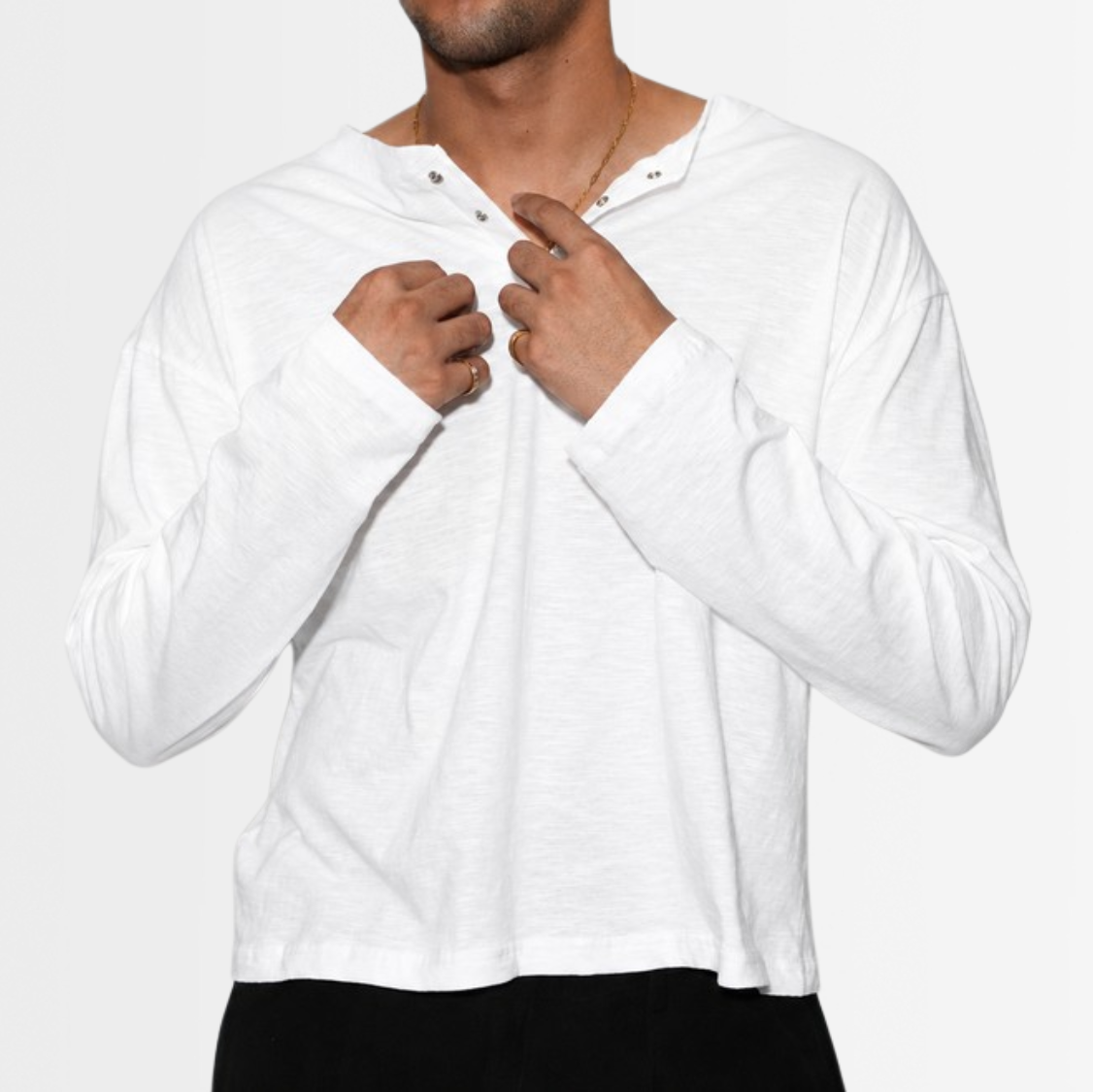 White cropped slub henley with snap placket, 200 GSM cotton slub texture