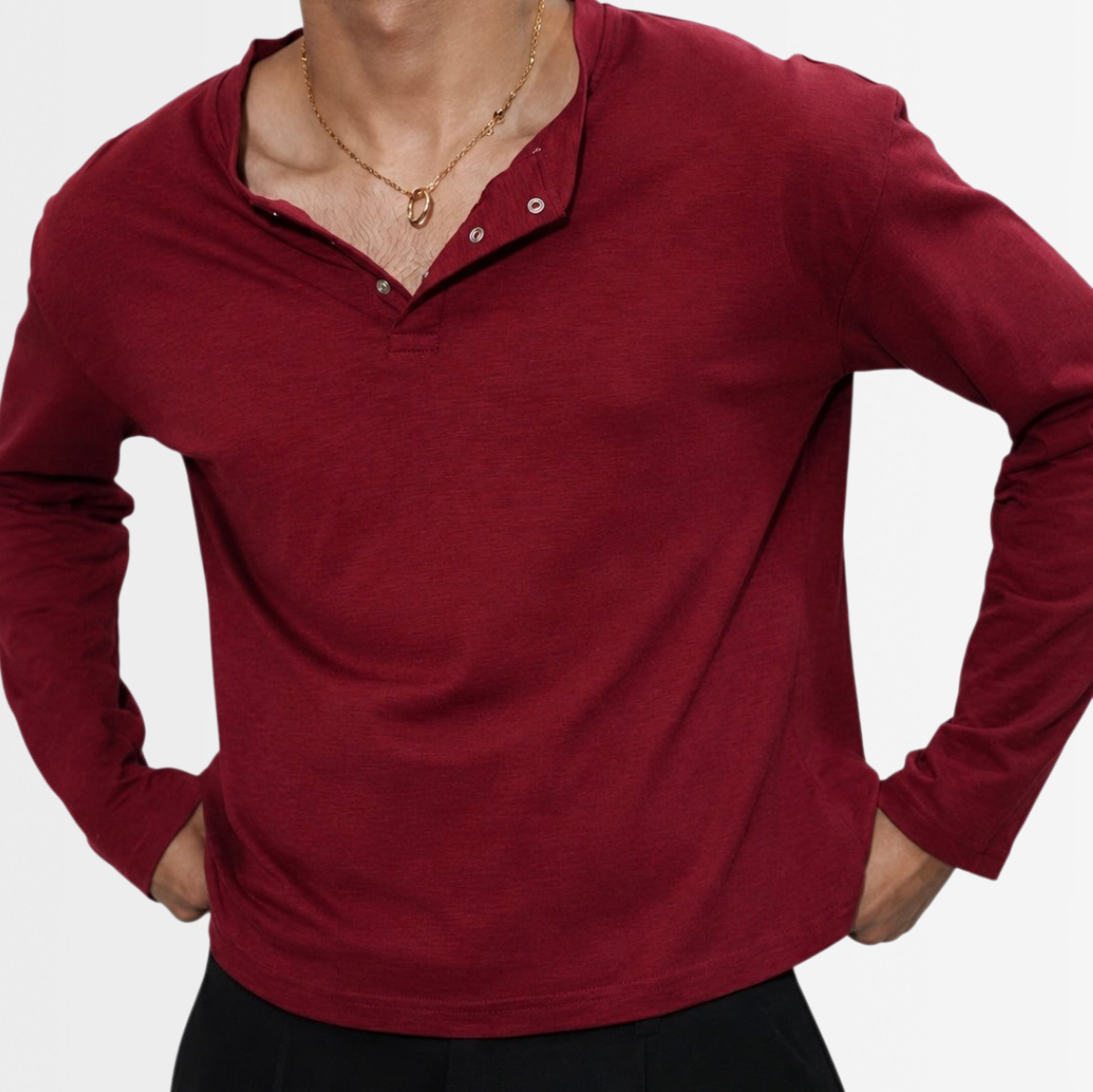 Wine red cropped slub henley with snap placket and dropped shoulder