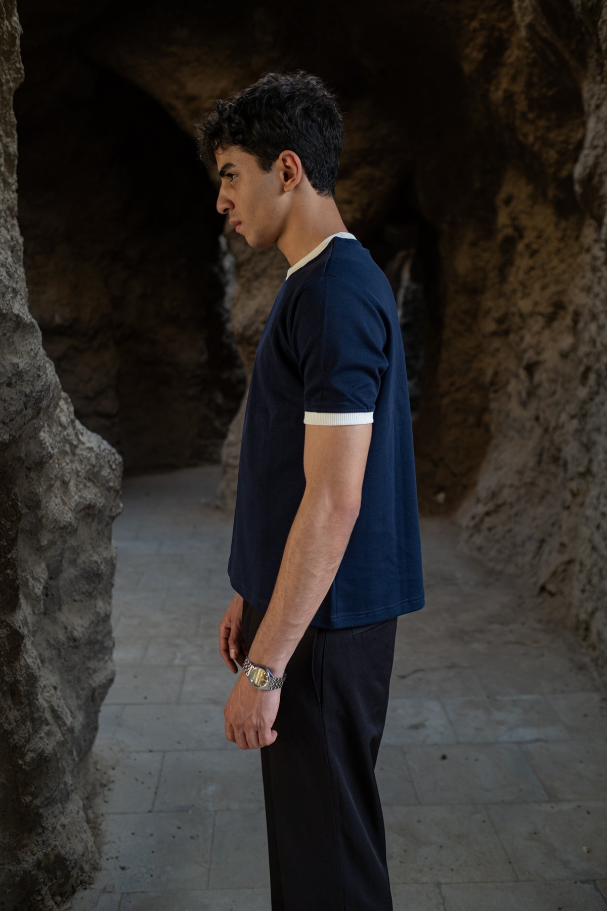 Cropped Muscle Fit Ringer Tee | Navy