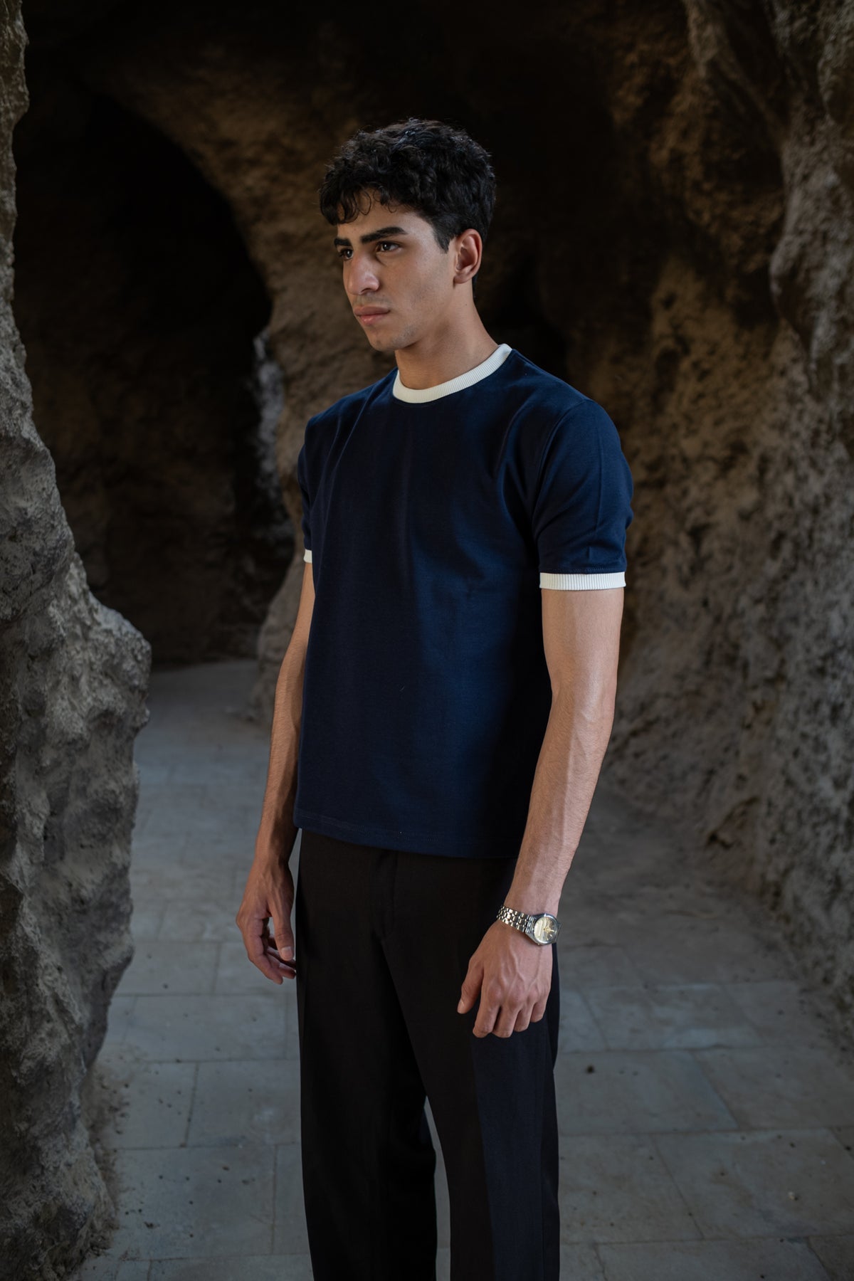 Cropped Muscle Fit Ringer Tee | Navy